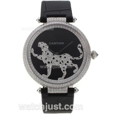 Cartier Panthere de Cartier Full Diamond Bezel with Black MOP Dial-Leather Strap