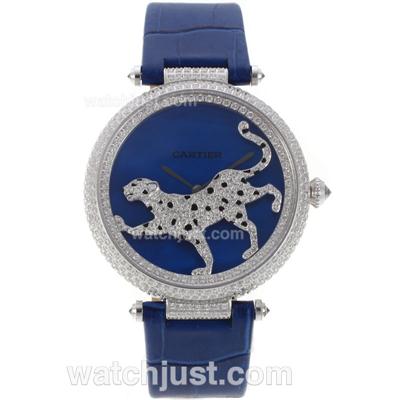 Cartier Panthere de Cartier Full Diamond Bezel with Blue MOP Dial-Leather Strap
