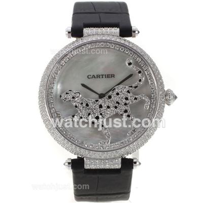 Cartier Panthere de Cartier Full Diamond Bezel with Grey MOP Dial-Black Leather Strap