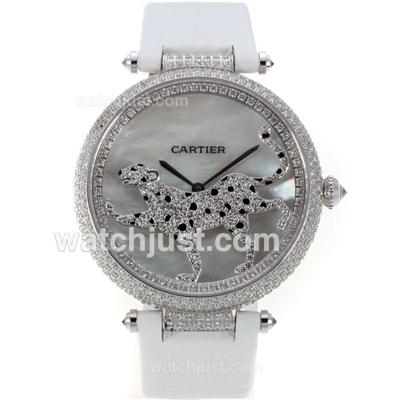 Cartier Panthere de Cartier Full Diamond Bezel with Grey MOP Dial-White Leather Strap