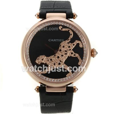 Cartier Panthere de Cartier Rose Gold Case Diamond Bezel with Black MOP Dial-Leather Strap