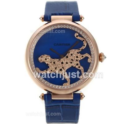 Cartier Panthere de Cartier Rose Gold Case Diamond Bezel with Blue MOP Dial-Leather Strap