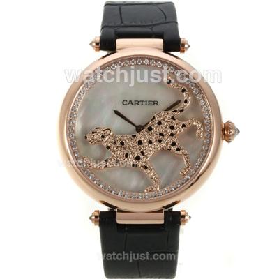 Cartier Panthere de Cartier Rose Gold Case Diamond Bezel with White MOP Dial-Black Leather Strap