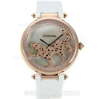 Cartier Panthere de Cartier Rose Gold Case Diamond Bezel with White MOP Dial-White Leather Strap