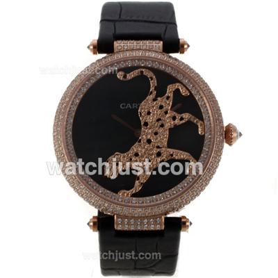 Cartier Panthere de Cartier Rose Gold Case Full Diamond Bezel with Black MOP Dial-Leather Strap