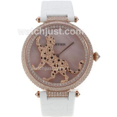 Cartier Panthere de Cartier Rose Gold Case Full Diamond Bezel with Pink MOP Dial-Leather Strap