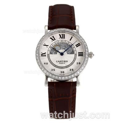 Cartier Rotonde Diamond Bezel with Beige Dial-Brow Leather Strap-Sapphire Glass