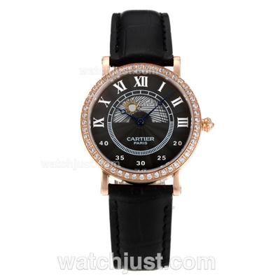 Cartier Rotonde Rose Gold Case Diamond Bezel with Black Dial-Black Leather Strap-Sapphire Glass