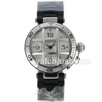 Cartier Pasha Automatic White Dial with SS/Rubber Strap-Medium Size