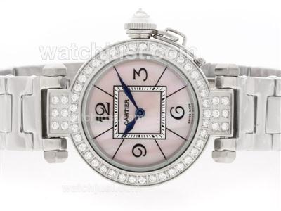 Cartier Pasha Diamond Bezel with Number Markers Pink MOP Dial- Lady Size