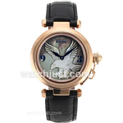 Cartier Pasha Rose Gold Case with Eagle Green MOP Dial-Leather Strap