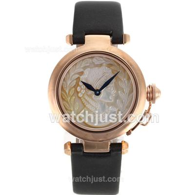 Cartier Pasha Rose Gold Case with Woman Illustration White MOP Dial-Leather Strap