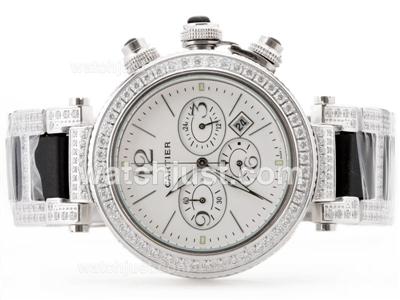 Cartier Pasha Seatimer Working Chrono White Dial with Diamond Crested Bracelet-Same Structure As 7750-High Quality