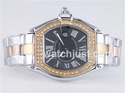 Cartier Roadster Two Tone Diamond Bezel with Black Dial-Lady Size