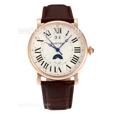 Cartier Rotonde de Cartier Automatic Rose Gold Case with White Dial-Leather Strap