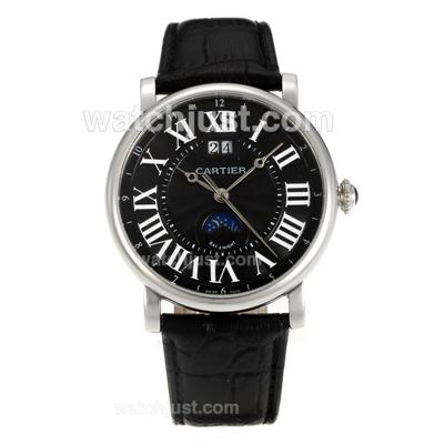 Cartier Rotonde de Cartier Automatic with Black Dial-Leather Strap