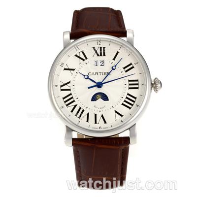 Cartier Rotonde de Cartier Automatic with White Dial-Leather Strap