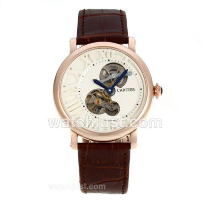 Cartier Rotonde de Cartier Cadran Love Tourbillon Automatic Rose Gold Case with White Dial-Leather Strap