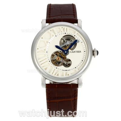 Cartier Rotonde de Cartier Cadran Love Tourbillon Automatic with White Dial-Leather Strap