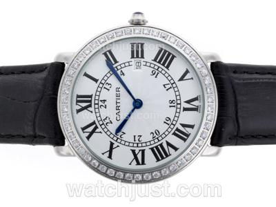 Cartier Rotonde de Cartier Diamond Bezel with White Dial-Leather Strap