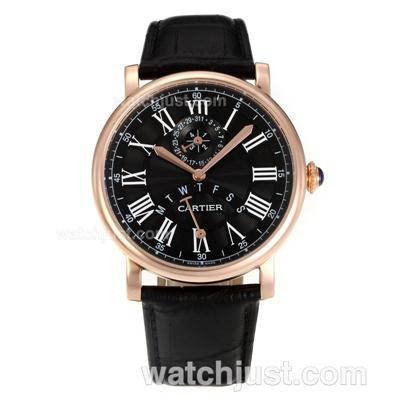 Cartier Rotonde de Cartier Rose Gold Case with Black Dial-Leather Strap