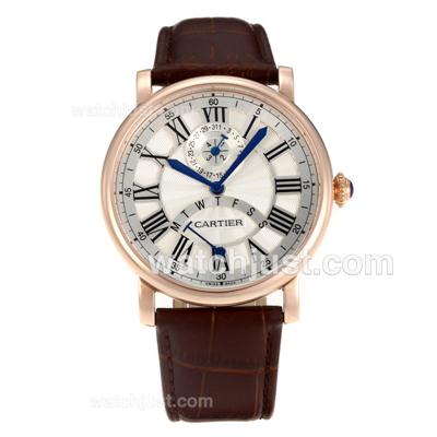 Cartier Rotonde de Cartier Rose Gold Case with White Dial-Leather Strap
