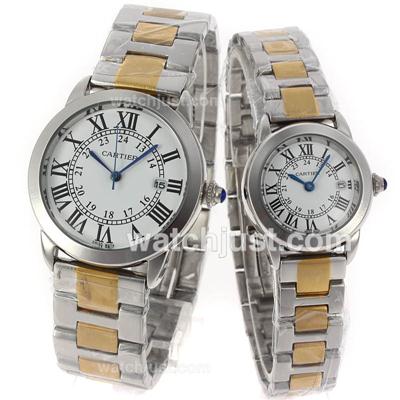 Cartier Rotonde de Cartier Two Tone with White Dial S/S- Couple Watch