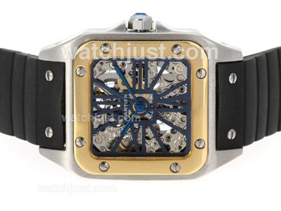 Cartier Santos 100 Automatic Two Tone Case Skeleton Dial with Blue Markers-Rubber Strap