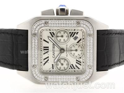 Cartier Santos 100 Chronograph Swiss Valjoux 7750 Movement -Diamond Bezel