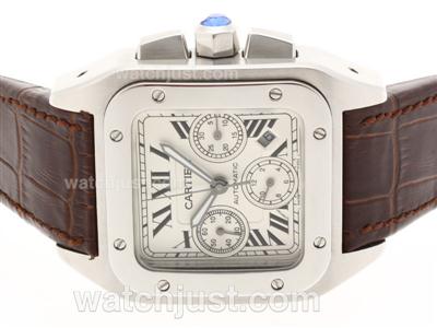 Cartier Santos 100 Chronograph Swiss Valjoux 7750 Movement with White Dial-Brown Leather Strap