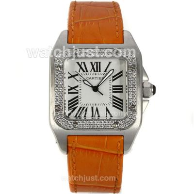 Cartier Santos 100 Diamond Bezel with White Dial-Orange Leather Strap