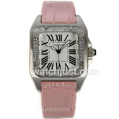 Cartier Santos 100 Diamond Bezel with White Dial-Pink Leather Strap