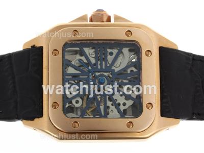 Cartier Santos 100 Manual Winding Rose Gold Case Blue Markers with Skeleton Dial