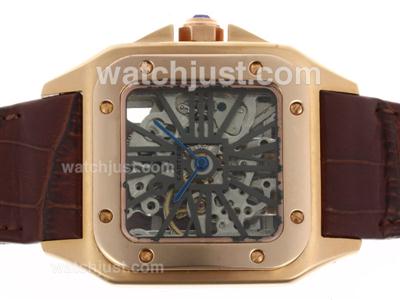 Cartier Santos 100 Manual Winding Rose Gold Case Gray Markers with Skeleton Dial