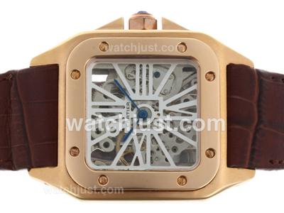 Cartier Santos 100 Manual Winding Rose Gold Case White Markers with Skeleton Dial