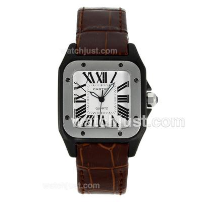 Cartier Santos 100 PVD Case with White Dial-Brown Leather Strap