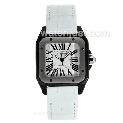 Cartier Santos 100 PVD Case with White Dial-White Leather Strap