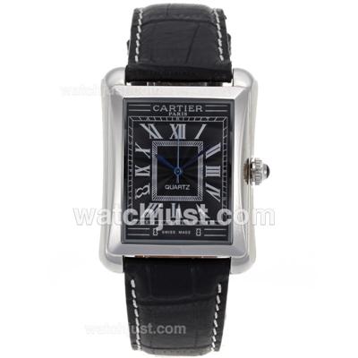 Cartier Santos 100 Roman Markers with Black Dial-Leather Strap