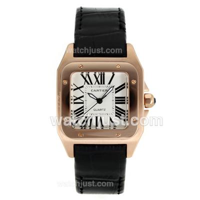 Cartier Santos 100 Rose Glod Case with White Dial-Black Leather Strap
