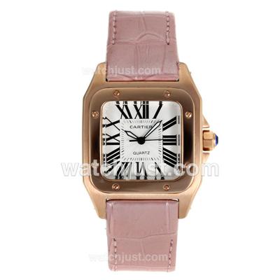 Cartier Santos 100 Rose Glod Case with White Dial-Pink Leather Strap