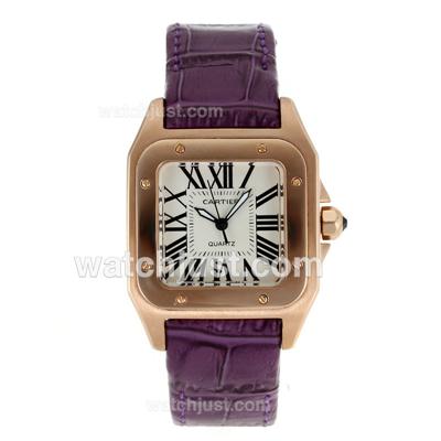 Cartier Santos 100 Rose Glod Case with White Dial-Purple Leather Strap