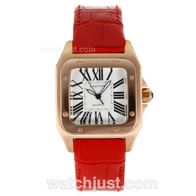 Cartier Santos 100 Rose Glod Case with White Dial-Red Leather Strap