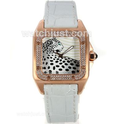 Cartier Santos 100 Rose Gold Case Diamond Bezel with Panthre Dial-Leather Strap