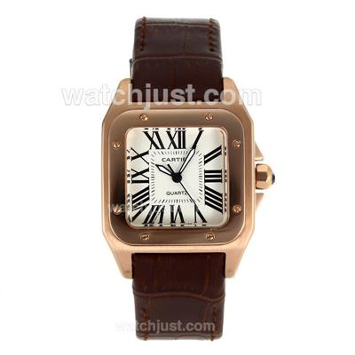 Cartier Santos 100 Rose Gold Case with White Dial-Brown Leather Strap
