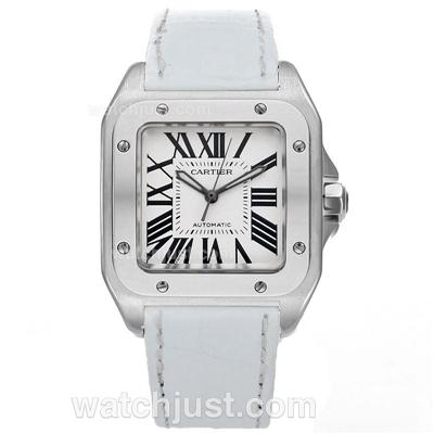 Cartier Santos 100 Swiss ETA 2671 Movement with White Leather Strap-Lady Size