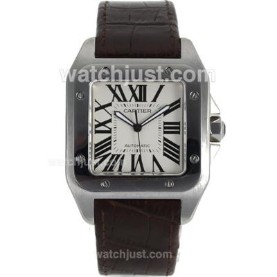 Cartier Santos 100 Swiss ETA 2813 Movement with White Dial-Brown Leather Strap