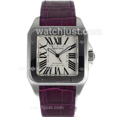 Cartier Santos 100 Swiss ETA 2813 Movement with White Dial-Purple Leather Strap