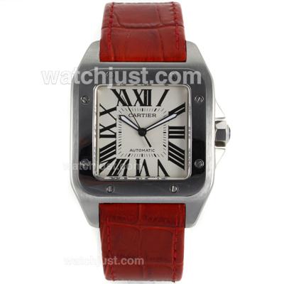 Cartier Santos 100 Swiss ETA 2813 Movement with White Dial-Red Leather Strap