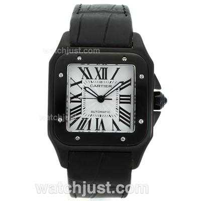 Cartier Santos 100 Swiss ETA 2824 Movement PVD Case with White Dial-Leather Strap