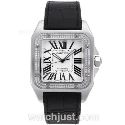 Cartier Santos 100 Swiss ETA 2836 Movement Diamond Bezel with White Dial-Leather Strap